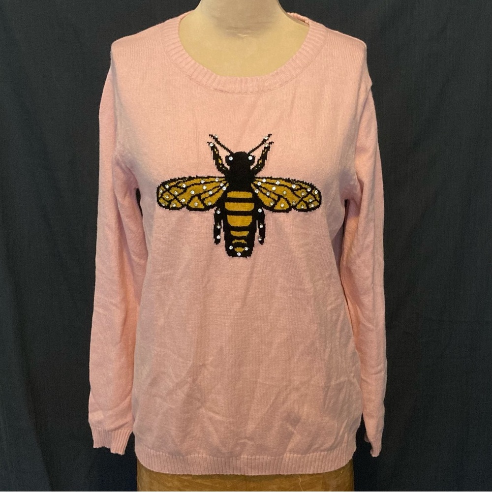 Vinizbena‎ 95% Cotton Soft Pink Sweater w/Rhinestone Embellished Embroidered Bee